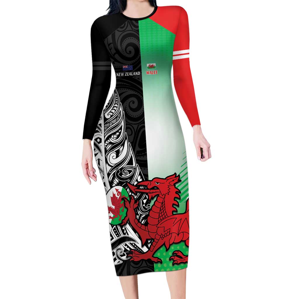 New Zealand and Wales Rugby Custom Long Sleeve Bodycon Dress Aotearoa All Black Combine Welsh Dragon - Aussie Hoodie