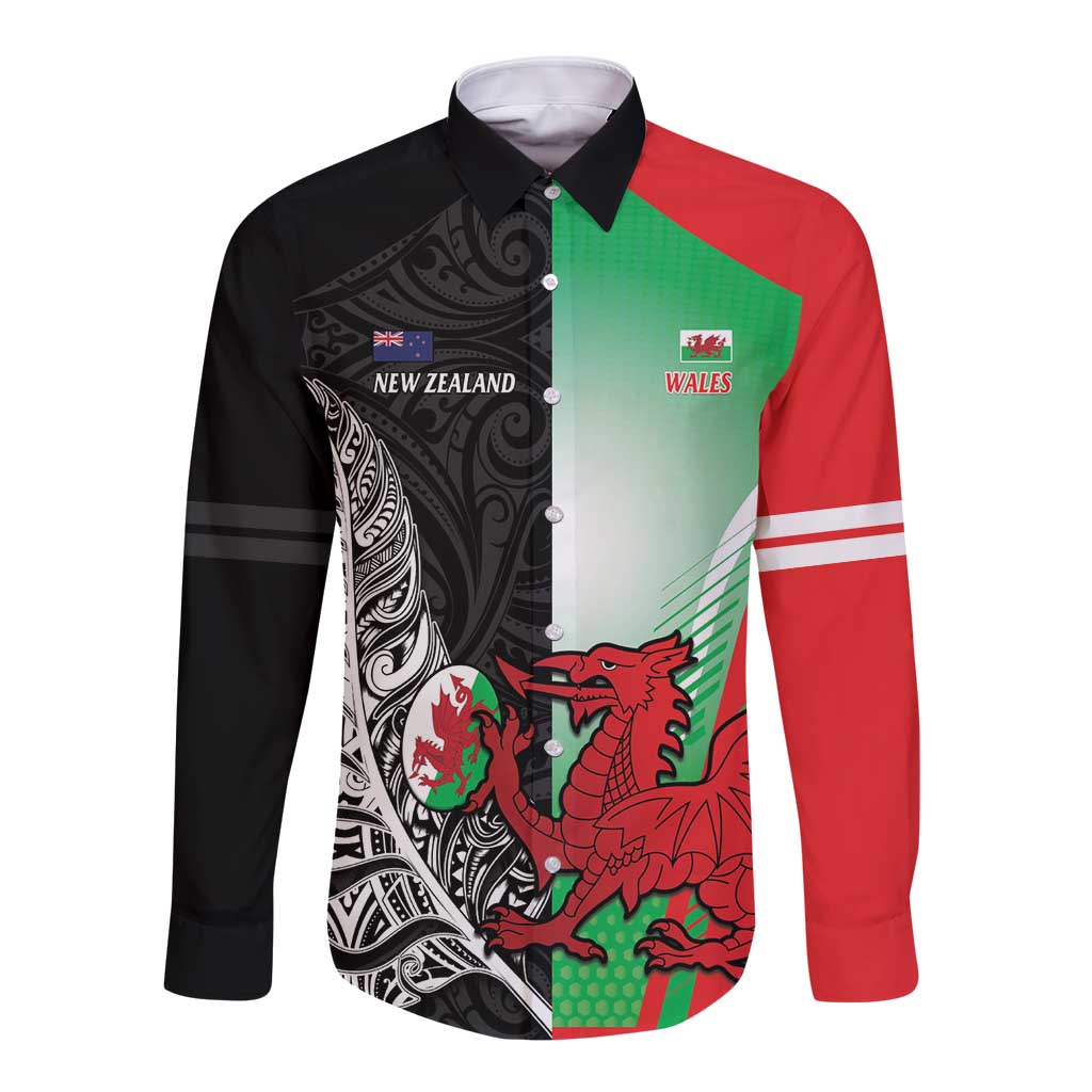 New Zealand and Wales Rugby Custom Long Sleeve Button Shirt Aotearoa All Black Combine Welsh Dragon - Aussie Hoodie
