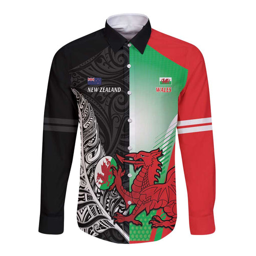 New Zealand and Wales Rugby Custom Long Sleeve Button Shirt Aotearoa All Black Combine Welsh Dragon - Aussie Hoodie