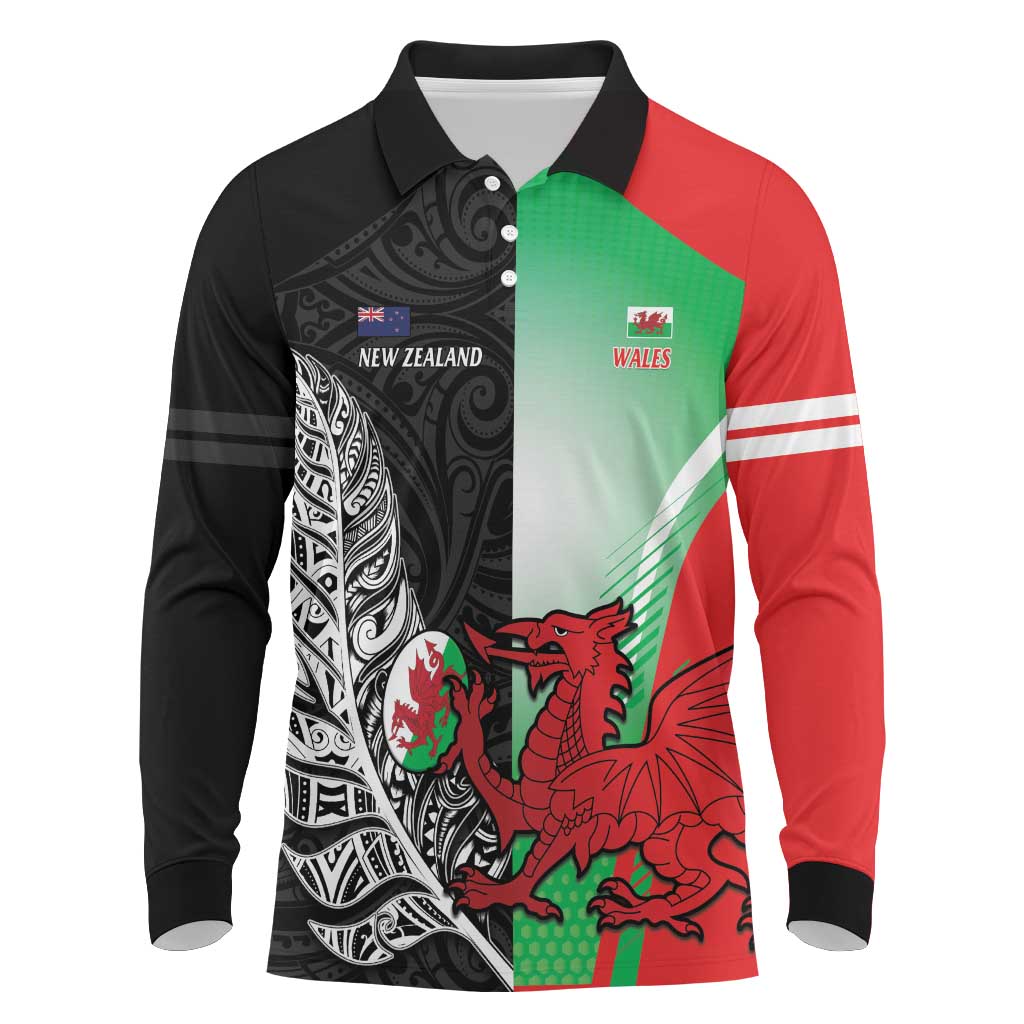 New Zealand and Wales Rugby Custom Long Sleeve Polo Shirt Aotearoa All Black Combine Welsh Dragon - Aussie Hoodie