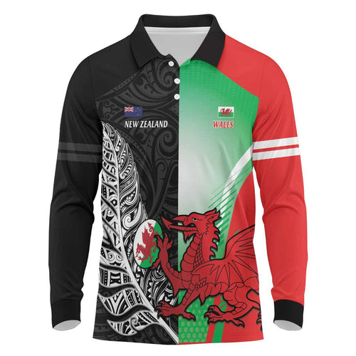 New Zealand and Wales Rugby Custom Long Sleeve Polo Shirt Aotearoa All Black Combine Welsh Dragon - Aussie Hoodie