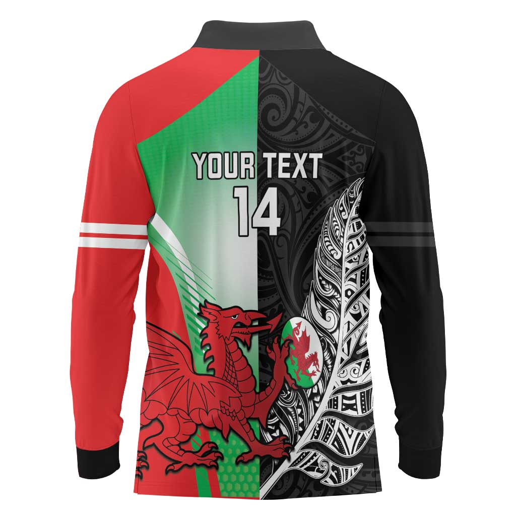 New Zealand and Wales Rugby Custom Long Sleeve Polo Shirt Aotearoa All Black Combine Welsh Dragon - Aussie Hoodie