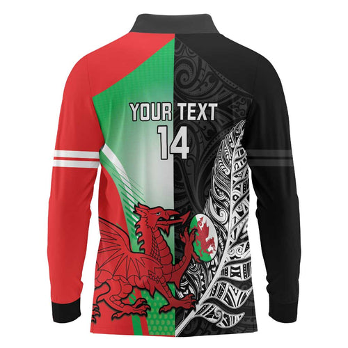 New Zealand and Wales Rugby Custom Long Sleeve Polo Shirt Aotearoa All Black Combine Welsh Dragon - Aussie Hoodie