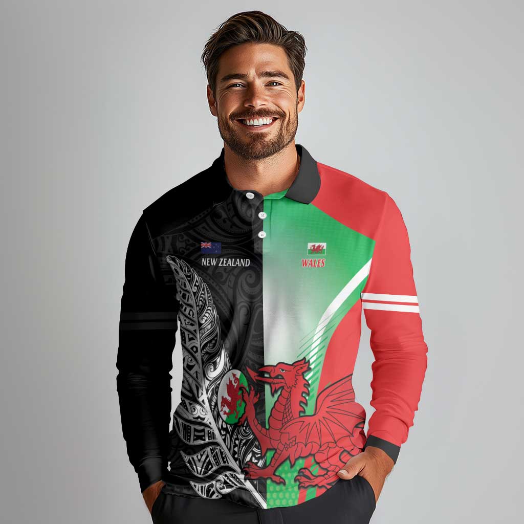 New Zealand and Wales Rugby Custom Long Sleeve Polo Shirt Aotearoa All Black Combine Welsh Dragon - Aussie Hoodie
