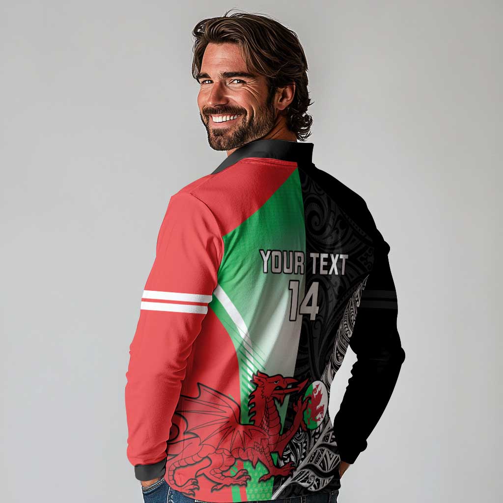 New Zealand and Wales Rugby Custom Long Sleeve Polo Shirt Aotearoa All Black Combine Welsh Dragon - Aussie Hoodie