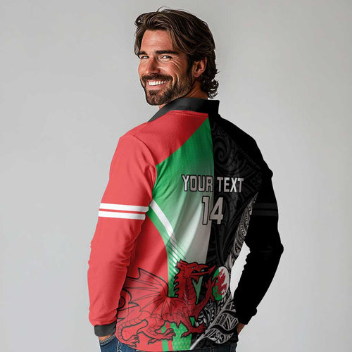 New Zealand and Wales Rugby Custom Long Sleeve Polo Shirt Aotearoa All Black Combine Welsh Dragon - Aussie Hoodie