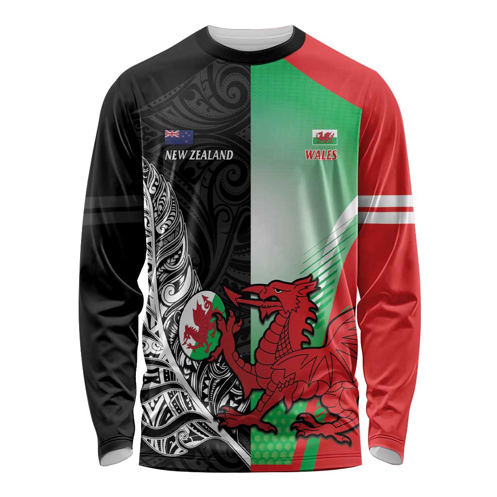 New Zealand and Wales Rugby Custom Long Sleeve Shirt Aotearoa All Black Combine Welsh Dragon - Aussie Hoodie