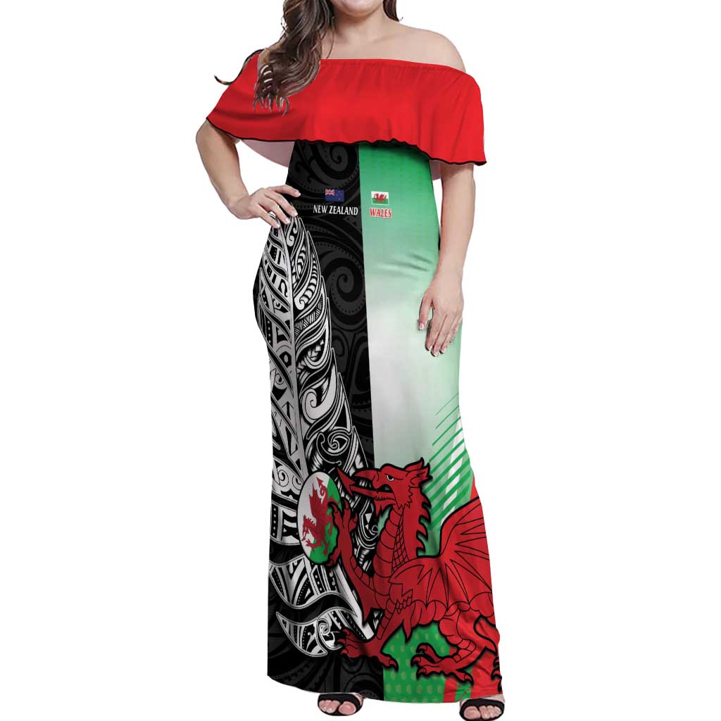 New Zealand and Wales Rugby Custom Off Shoulder Maxi Dress Aotearoa All Black Combine Welsh Dragon - Aussie Hoodie