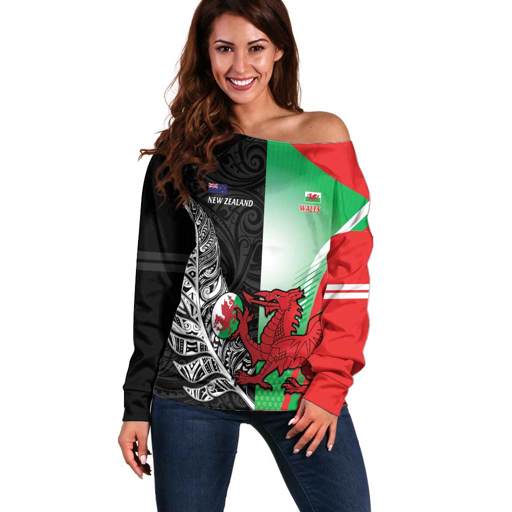 New Zealand and Wales Rugby Custom Off Shoulder Sweater Aotearoa All Black Combine Welsh Dragon - Aussie Hoodie