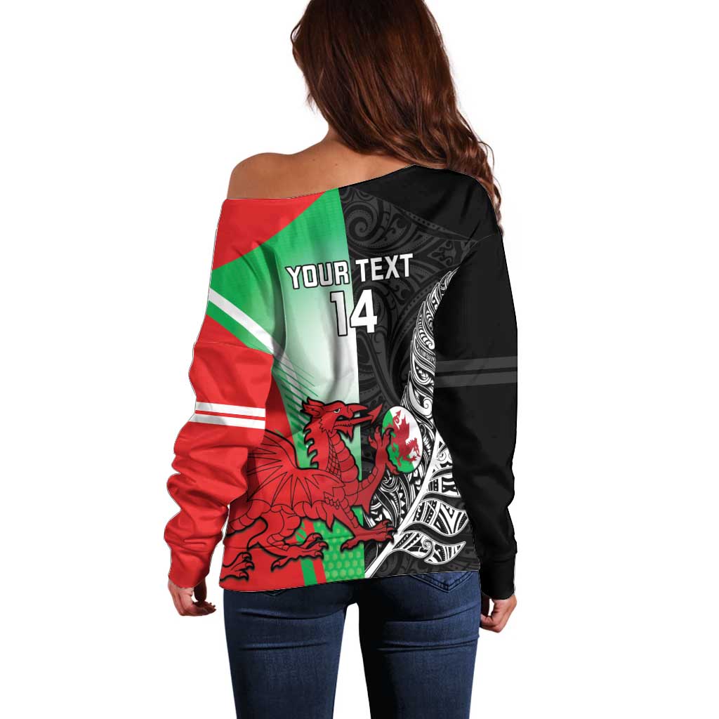 New Zealand and Wales Rugby Custom Off Shoulder Sweater Aotearoa All Black Combine Welsh Dragon - Aussie Hoodie