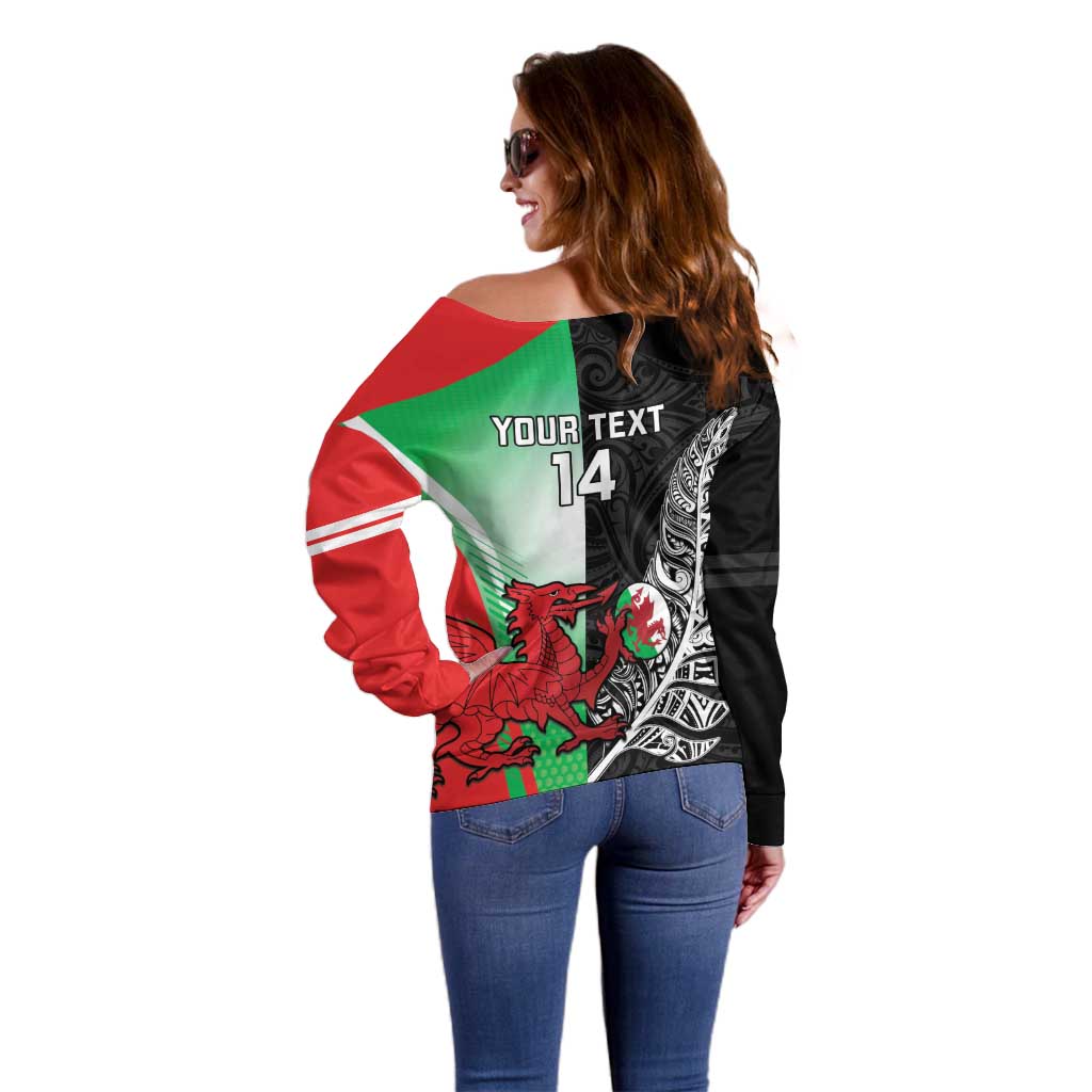 New Zealand and Wales Rugby Custom Off Shoulder Sweater Aotearoa All Black Combine Welsh Dragon - Aussie Hoodie
