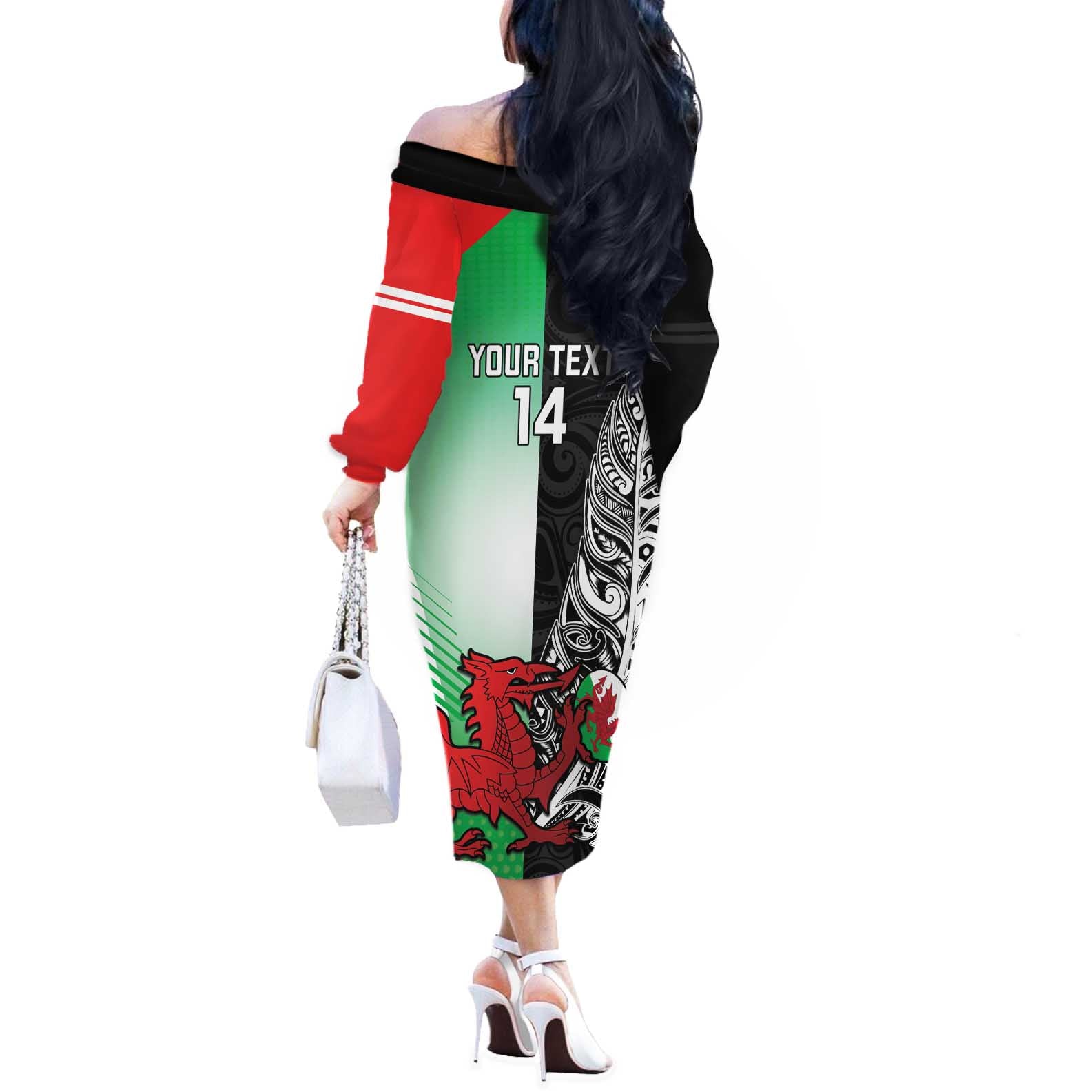New Zealand and Wales Rugby Custom Off The Shoulder Long Sleeve Dress Aotearoa All Black Combine Welsh Dragon - Aussie Hoodie