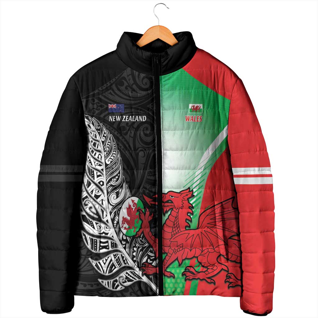 New Zealand and Wales Rugby Custom Padded Jacket Aotearoa All Black Combine Welsh Dragon - Aussie Hoodie