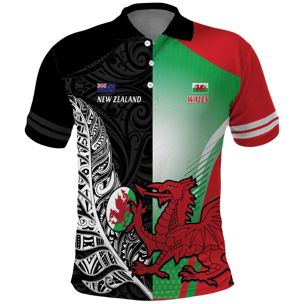 New Zealand and Wales Rugby Custom Polo Shirt Aotearoa All Black Combine Welsh Dragon - Aussie Hoodie