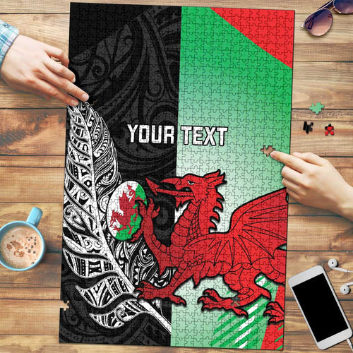 New Zealand and Wales Rugby Custom Puzzle Aotearoa All Black Combine Welsh Dragon - Aussie Hoodie
