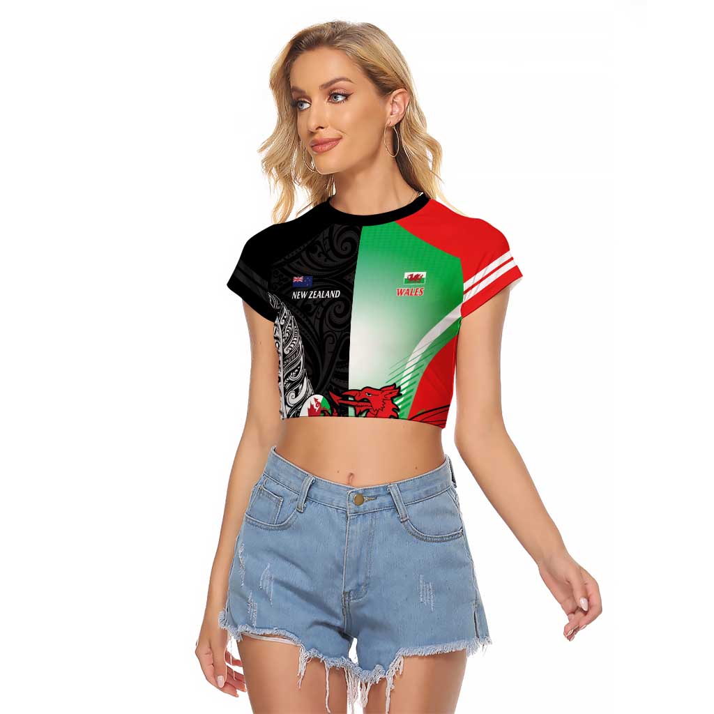 New Zealand and Wales Rugby Custom Raglan Cropped T Shirt Aotearoa All Black Combine Welsh Dragon - Aussie Hoodie