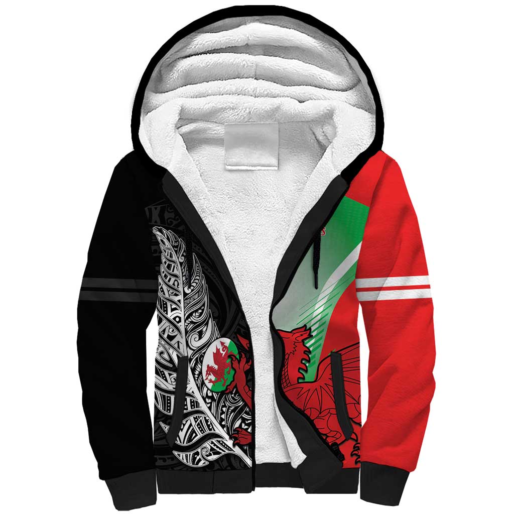 New Zealand and Wales Rugby Custom Sherpa Hoodie Aotearoa All Black Combine Welsh Dragon - Aussie Hoodie
