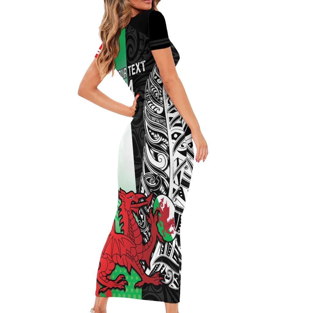 New Zealand and Wales Rugby Custom Short Sleeve Bodycon Dress Aotearoa All Black Combine Welsh Dragon - Aussie Hoodie