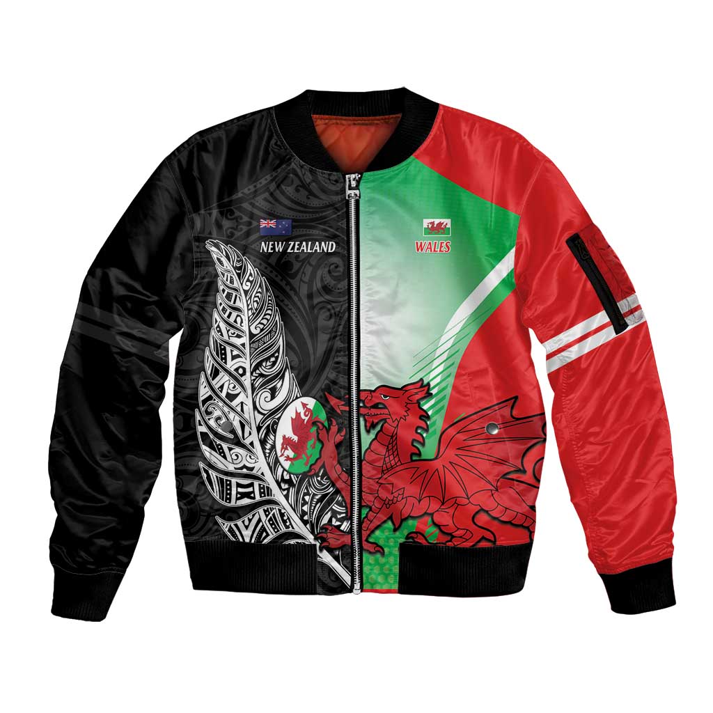 New Zealand and Wales Rugby Custom Sleeve Zip Bomber Jacket Aotearoa All Black Combine Welsh Dragon - Aussie Hoodie