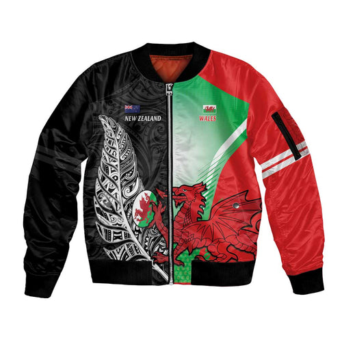 New Zealand and Wales Rugby Custom Sleeve Zip Bomber Jacket Aotearoa All Black Combine Welsh Dragon - Aussie Hoodie
