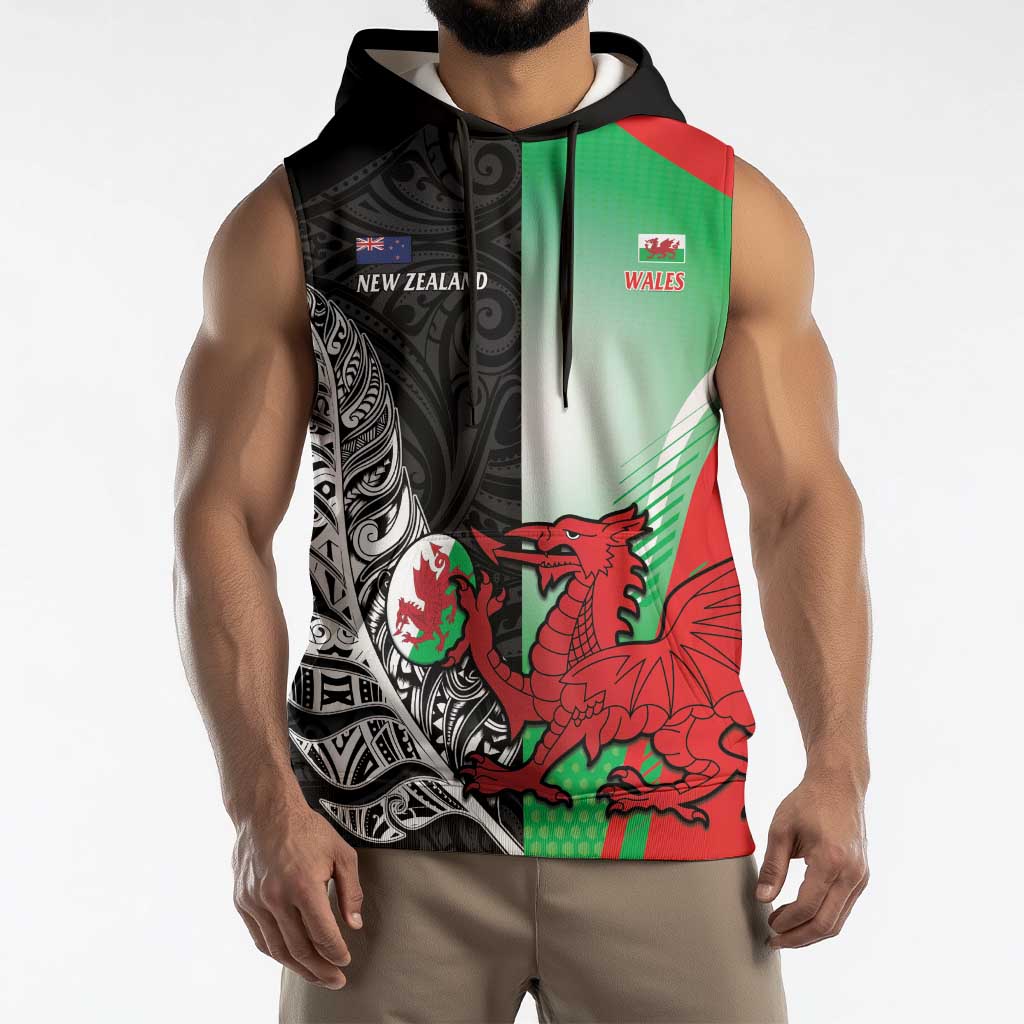 New Zealand and Wales Rugby Custom Sleeveless Hoodie Aotearoa All Black Combine Welsh Dragon - Aussie Hoodie
