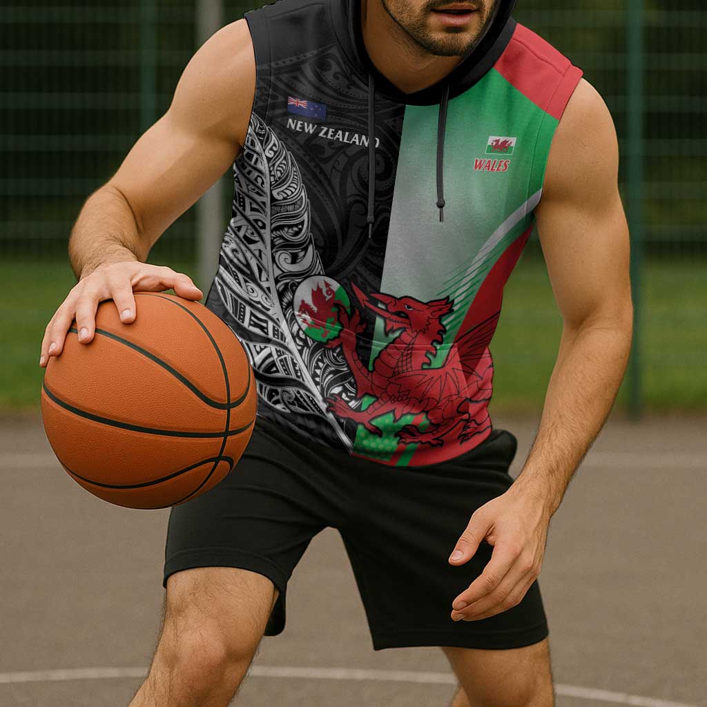 New Zealand and Wales Rugby Custom Sleeveless Hoodie Aotearoa All Black Combine Welsh Dragon - Aussie Hoodie