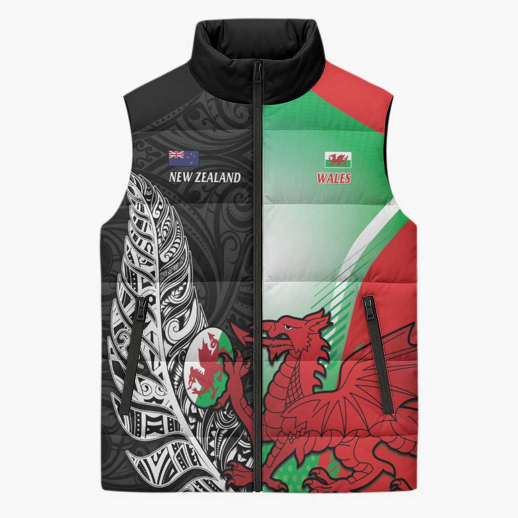 New Zealand and Wales Rugby Custom Sleeveless Puffer Jacket Aotearoa All Black Combine Welsh Dragon - Aussie Hoodie