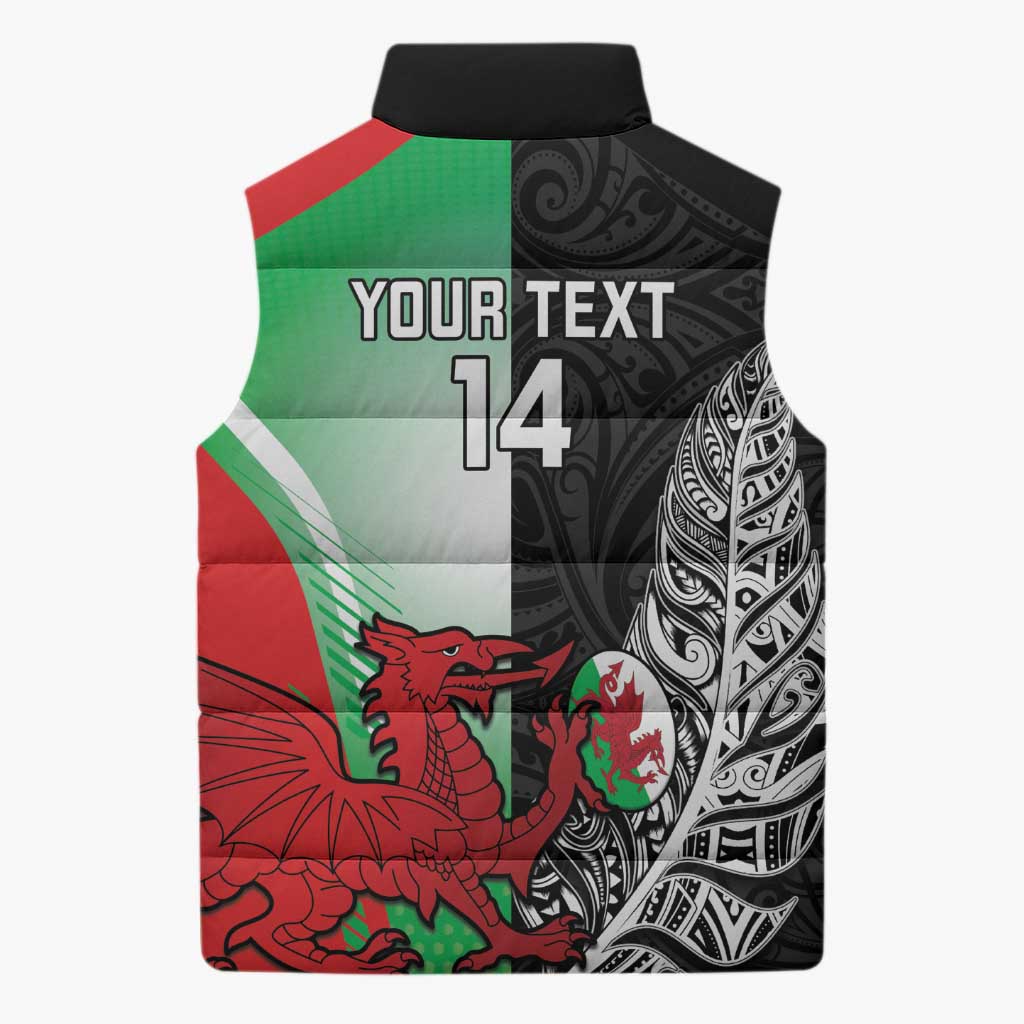 New Zealand and Wales Rugby Custom Sleeveless Puffer Jacket Aotearoa All Black Combine Welsh Dragon - Aussie Hoodie