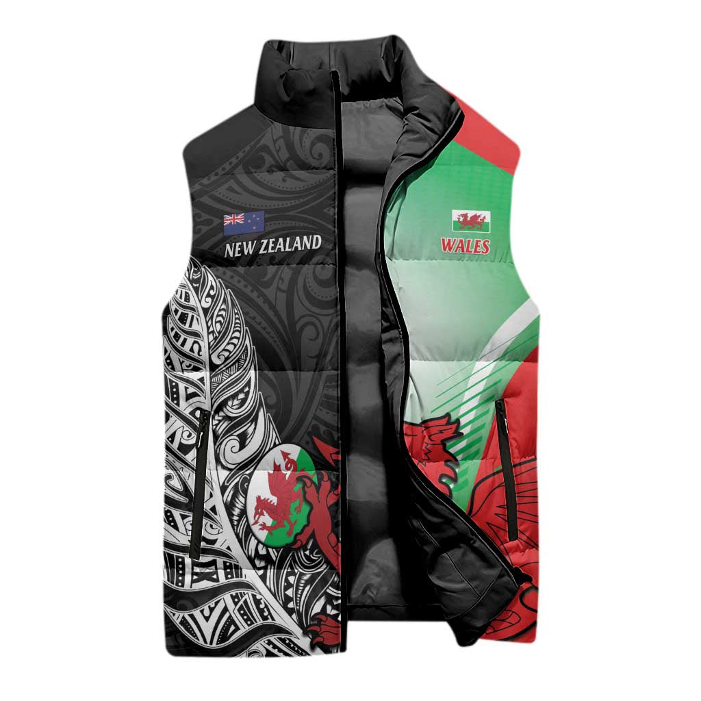 New Zealand and Wales Rugby Custom Sleeveless Puffer Jacket Aotearoa All Black Combine Welsh Dragon - Aussie Hoodie