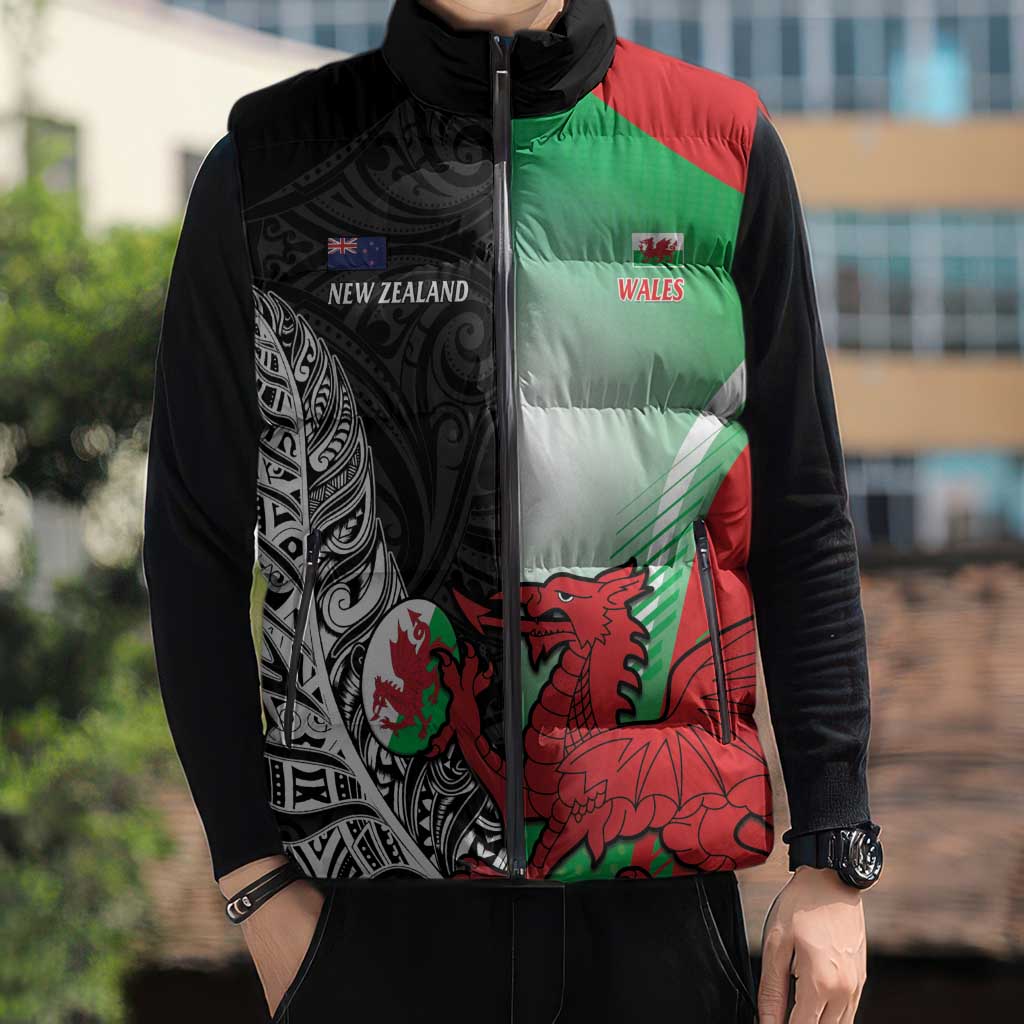 New Zealand and Wales Rugby Custom Sleeveless Puffer Jacket Aotearoa All Black Combine Welsh Dragon - Aussie Hoodie