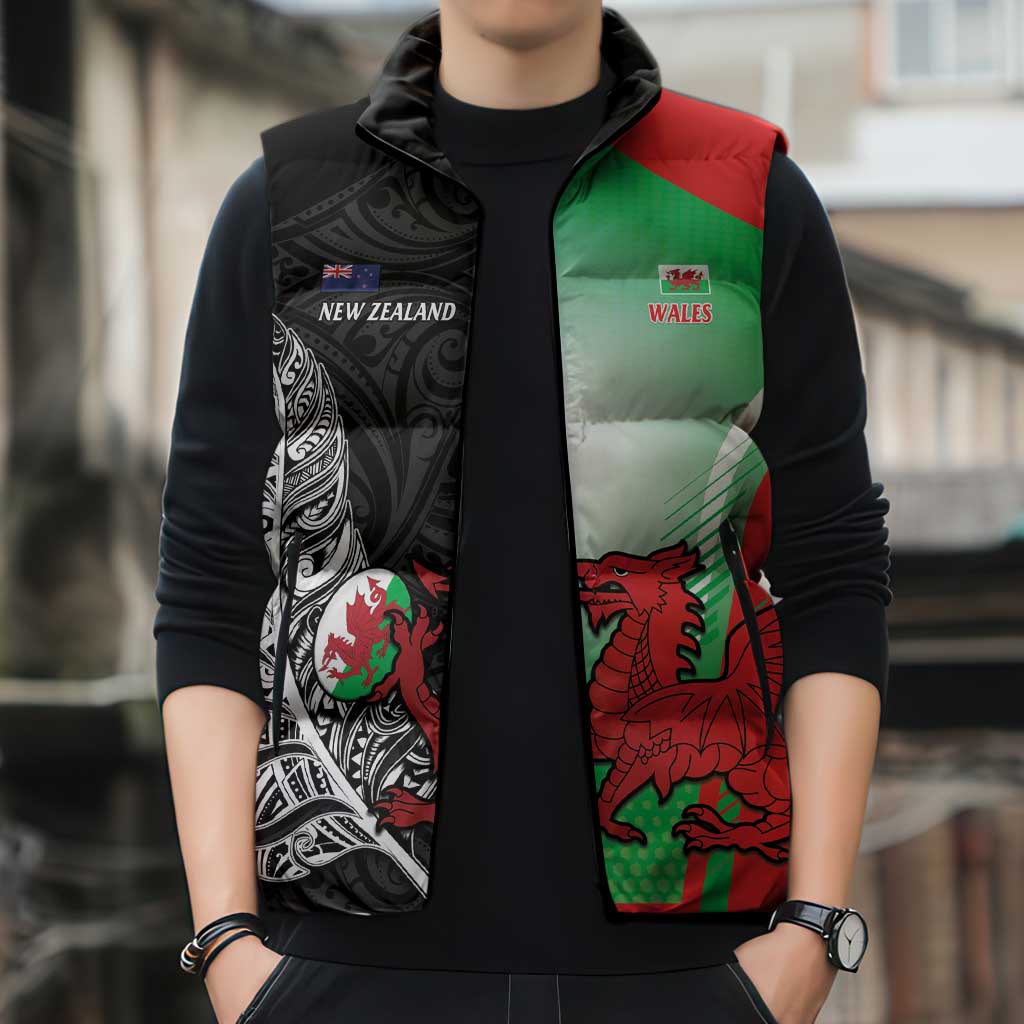 New Zealand and Wales Rugby Custom Sleeveless Puffer Jacket Aotearoa All Black Combine Welsh Dragon - Aussie Hoodie