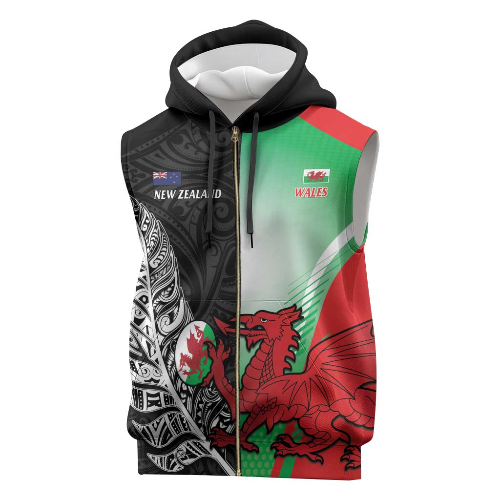 New Zealand and Wales Rugby Custom Sleeveless Zip Hoodie Aotearoa All Black Combine Welsh Dragon - Aussie Hoodie