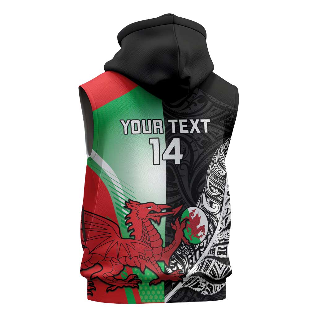 New Zealand and Wales Rugby Custom Sleeveless Zip Hoodie Aotearoa All Black Combine Welsh Dragon - Aussie Hoodie