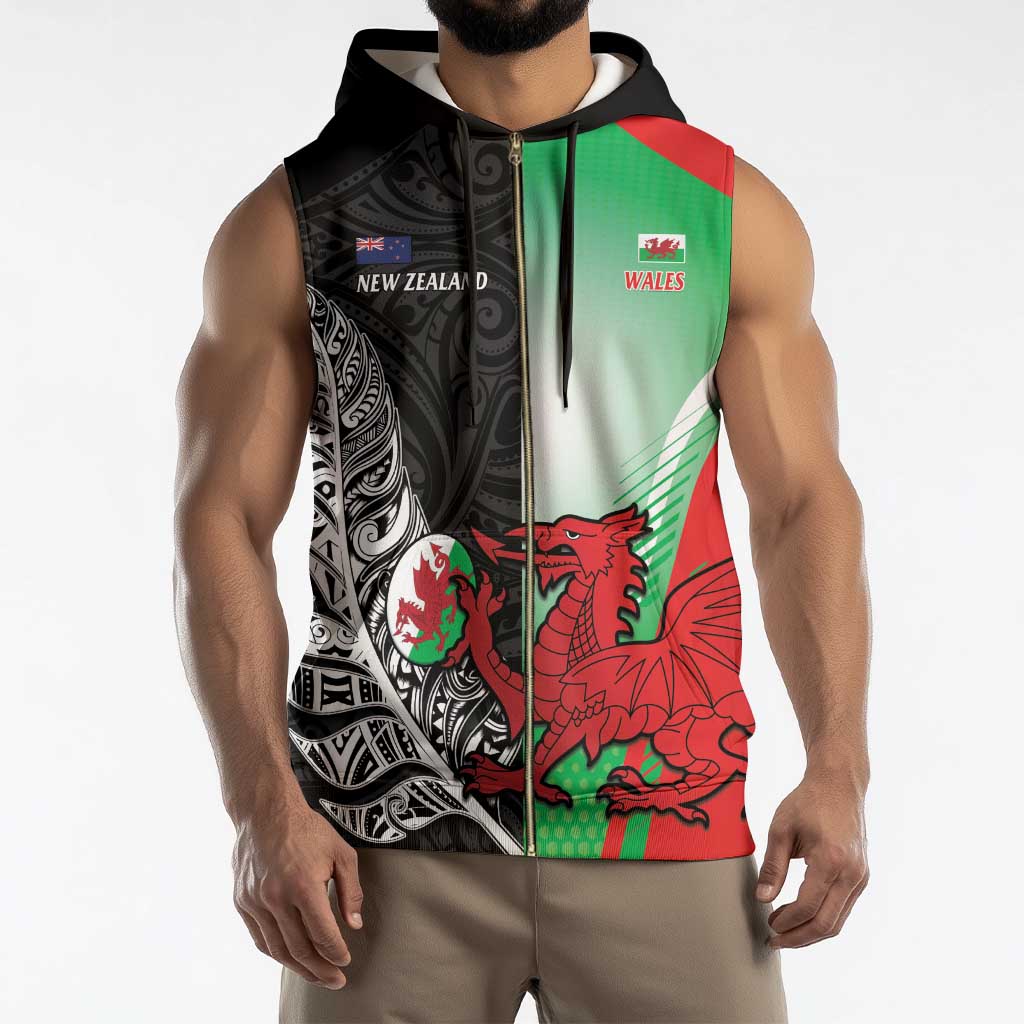 New Zealand and Wales Rugby Custom Sleeveless Zip Hoodie Aotearoa All Black Combine Welsh Dragon - Aussie Hoodie