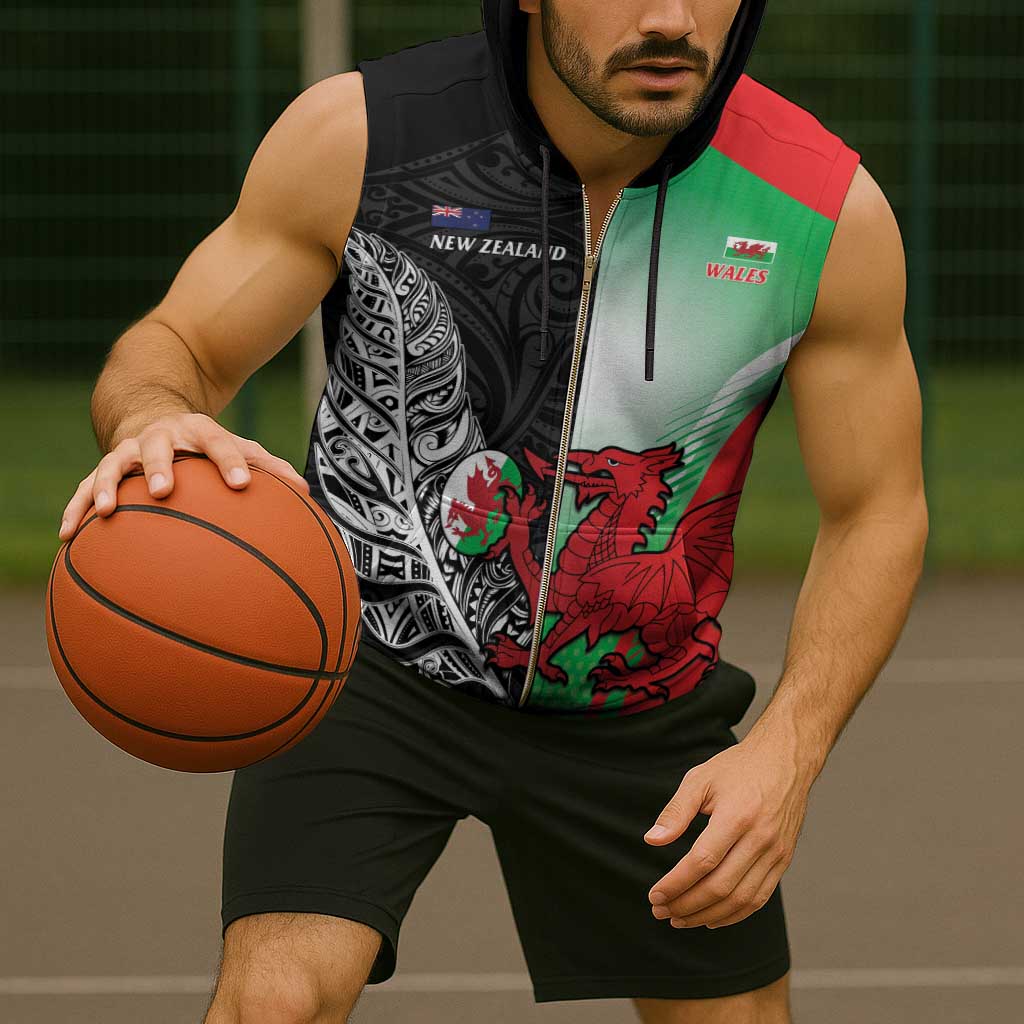 New Zealand and Wales Rugby Custom Sleeveless Zip Hoodie Aotearoa All Black Combine Welsh Dragon - Aussie Hoodie