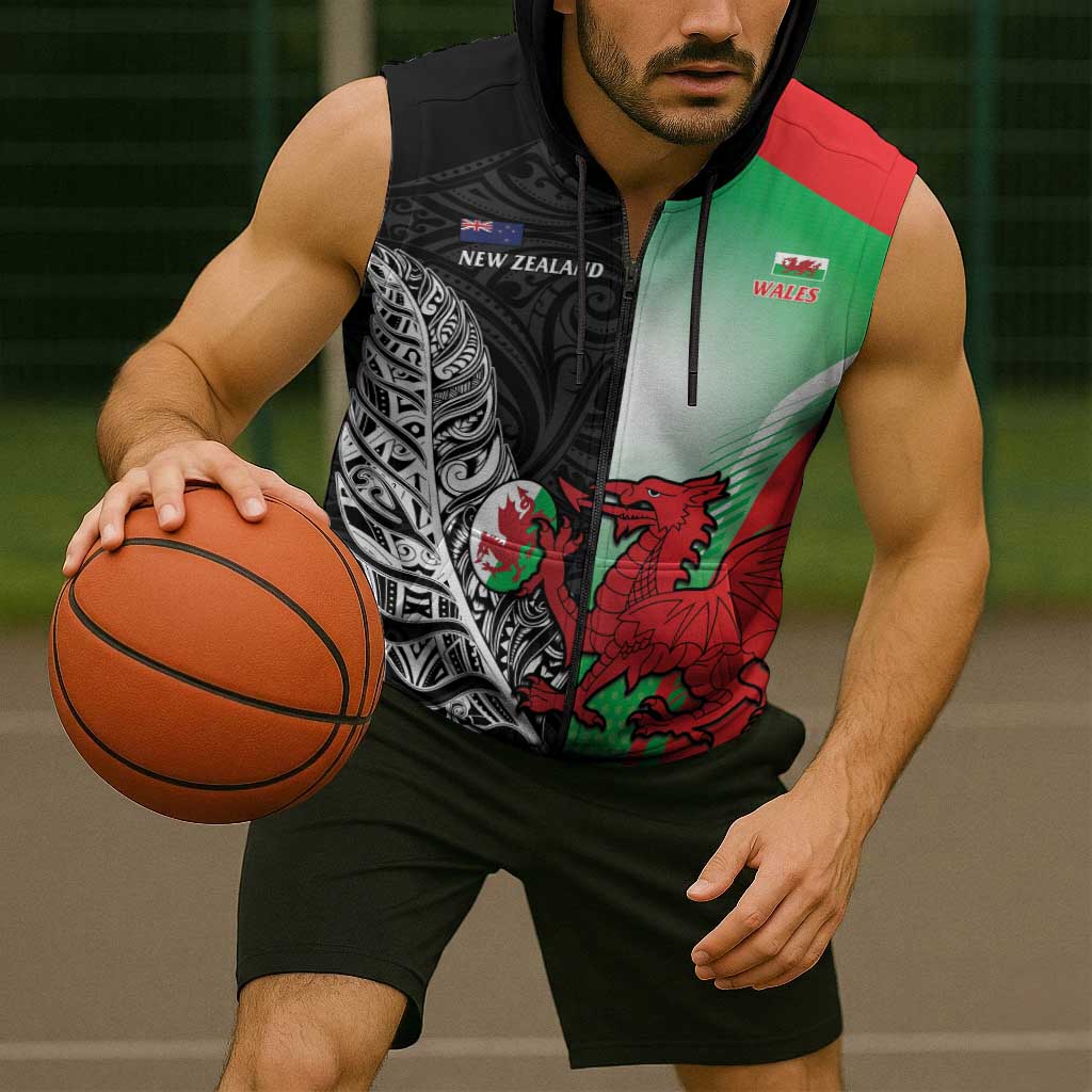 New Zealand and Wales Rugby Custom Sleeveless Zip Hoodie Aotearoa All Black Combine Welsh Dragon LT14