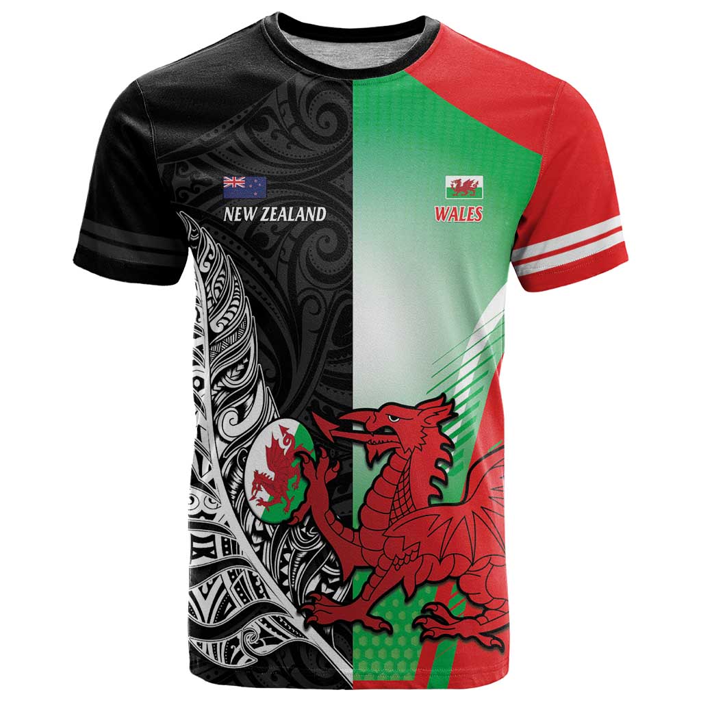New Zealand and Wales Rugby Custom T Shirt Aotearoa All Black Combine Welsh Dragon - Aussie Hoodie