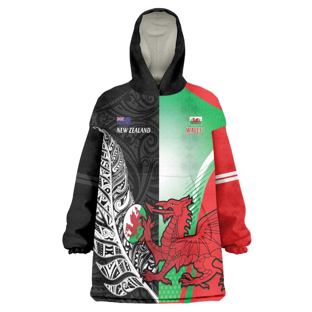 New Zealand and Wales Rugby Custom Wearable Blanket Hoodie Aotearoa All Black Combine Welsh Dragon - Aussie Hoodie