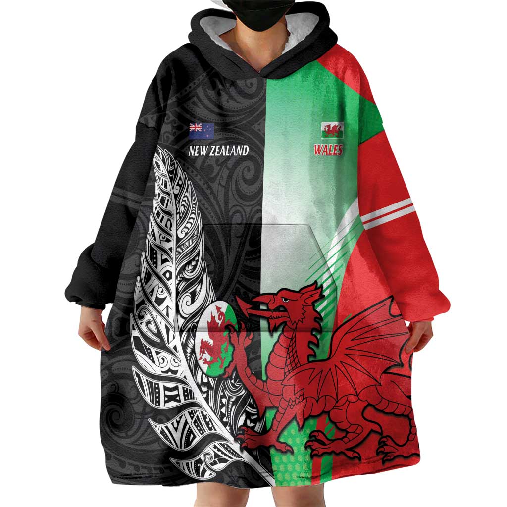 New Zealand and Wales Rugby Custom Wearable Blanket Hoodie Aotearoa All Black Combine Welsh Dragon - Aussie Hoodie