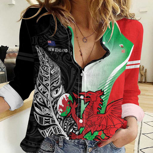 New Zealand and Wales Rugby Custom Women Casual Shirt Aotearoa All Black Combine Welsh Dragon - Aussie Hoodie