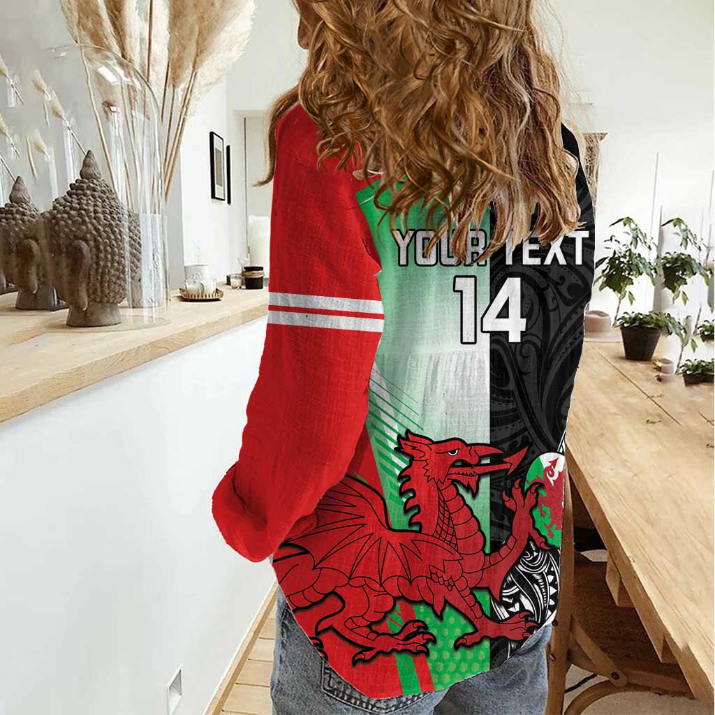 New Zealand and Wales Rugby Custom Women Casual Shirt Aotearoa All Black Combine Welsh Dragon - Aussie Hoodie