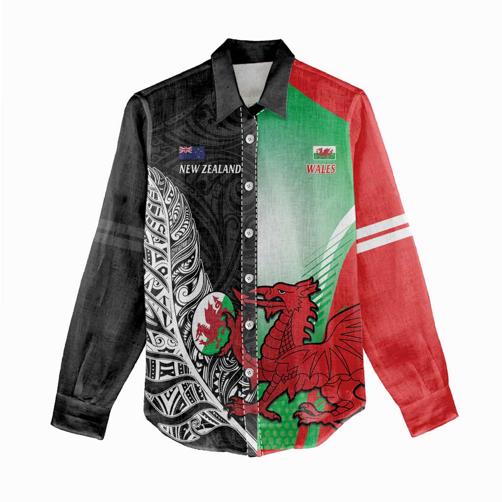 New Zealand and Wales Rugby Custom Women Casual Shirt Aotearoa All Black Combine Welsh Dragon - Aussie Hoodie