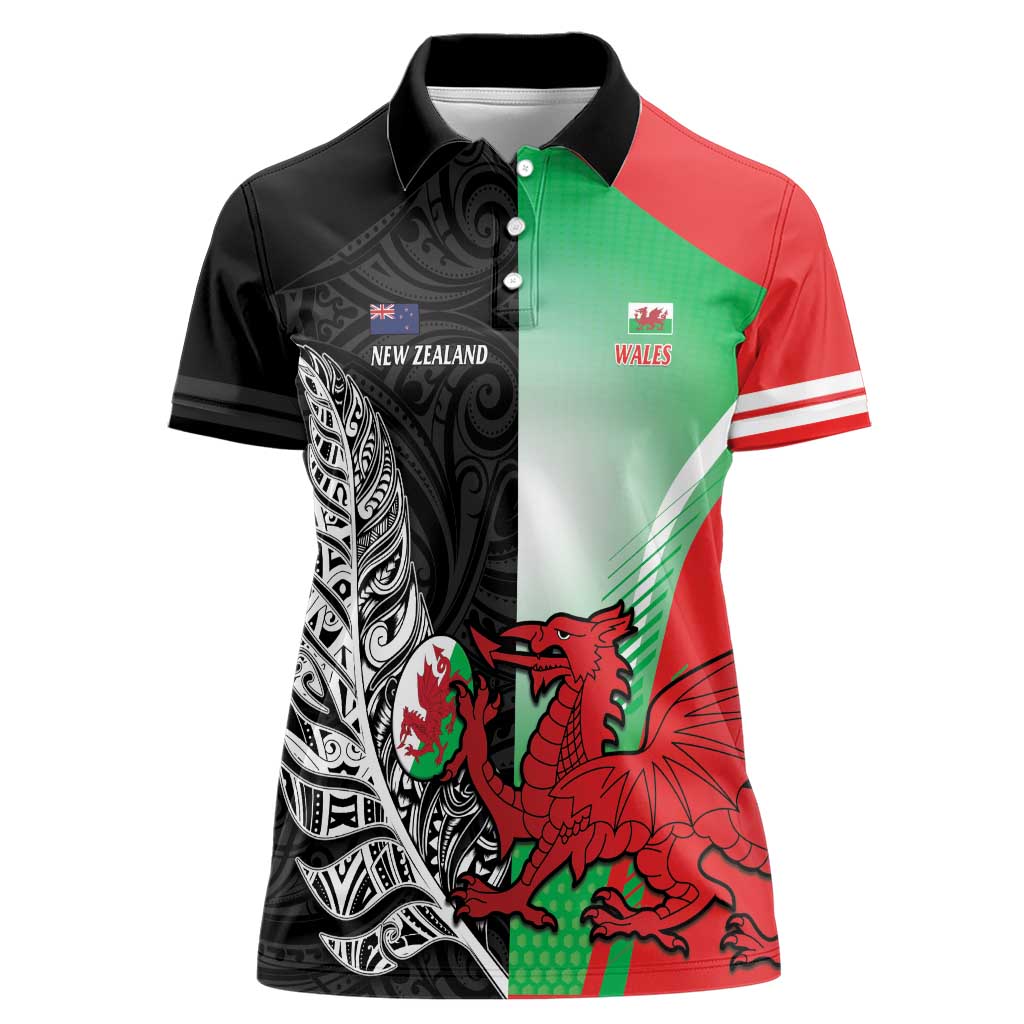 New Zealand and Wales Rugby Custom Women Polo Shirt Aotearoa All Black Combine Welsh Dragon - Aussie Hoodie