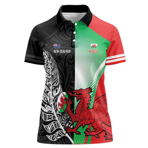New Zealand and Wales Rugby Custom Women Polo Shirt Aotearoa All Black Combine Welsh Dragon - Aussie Hoodie