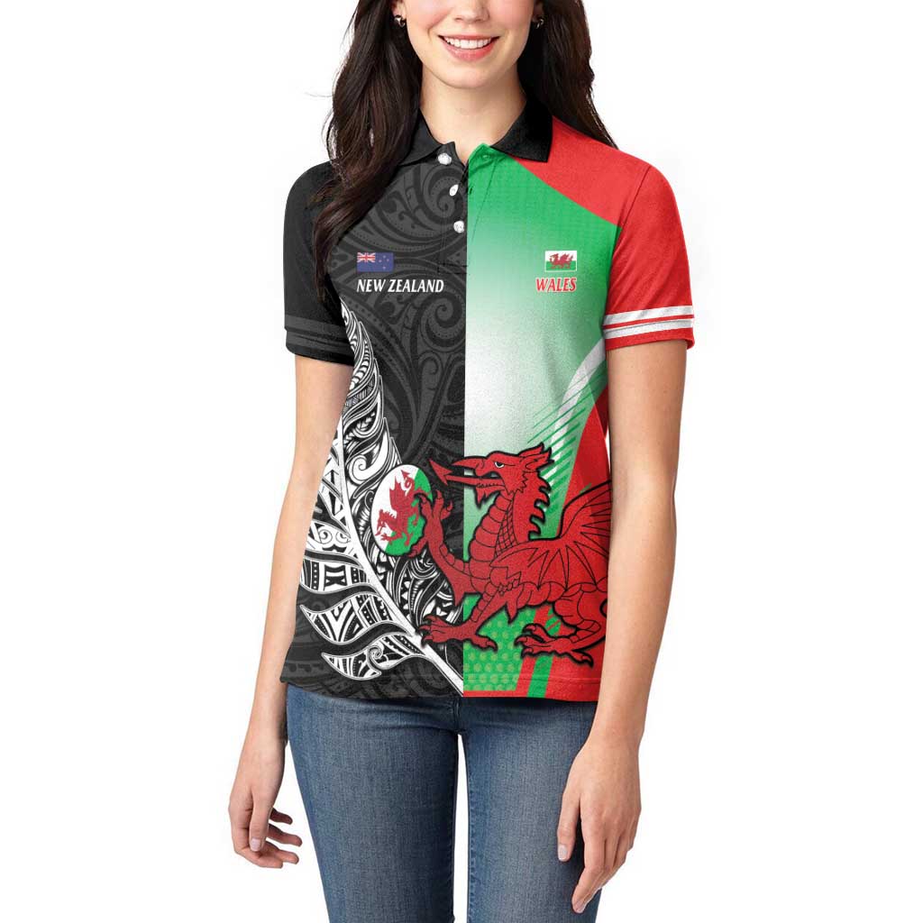 New Zealand and Wales Rugby Custom Women Polo Shirt Aotearoa All Black Combine Welsh Dragon - Aussie Hoodie