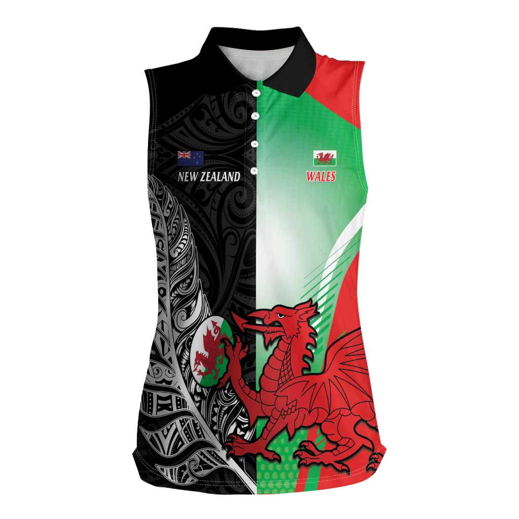 New Zealand and Wales Rugby Custom Women Sleeveless Polo Shirt Aotearoa All Black Combine Welsh Dragon - Aussie Hoodie