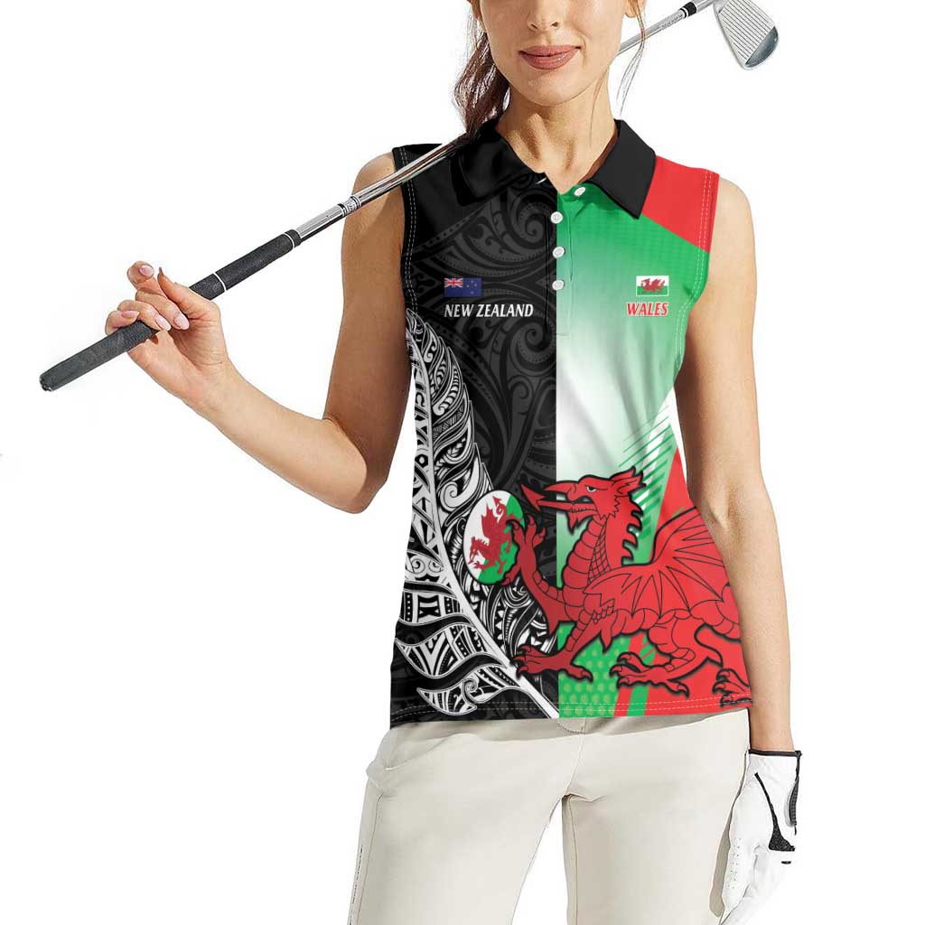 New Zealand and Wales Rugby Custom Women Sleeveless Polo Shirt Aotearoa All Black Combine Welsh Dragon - Aussie Hoodie