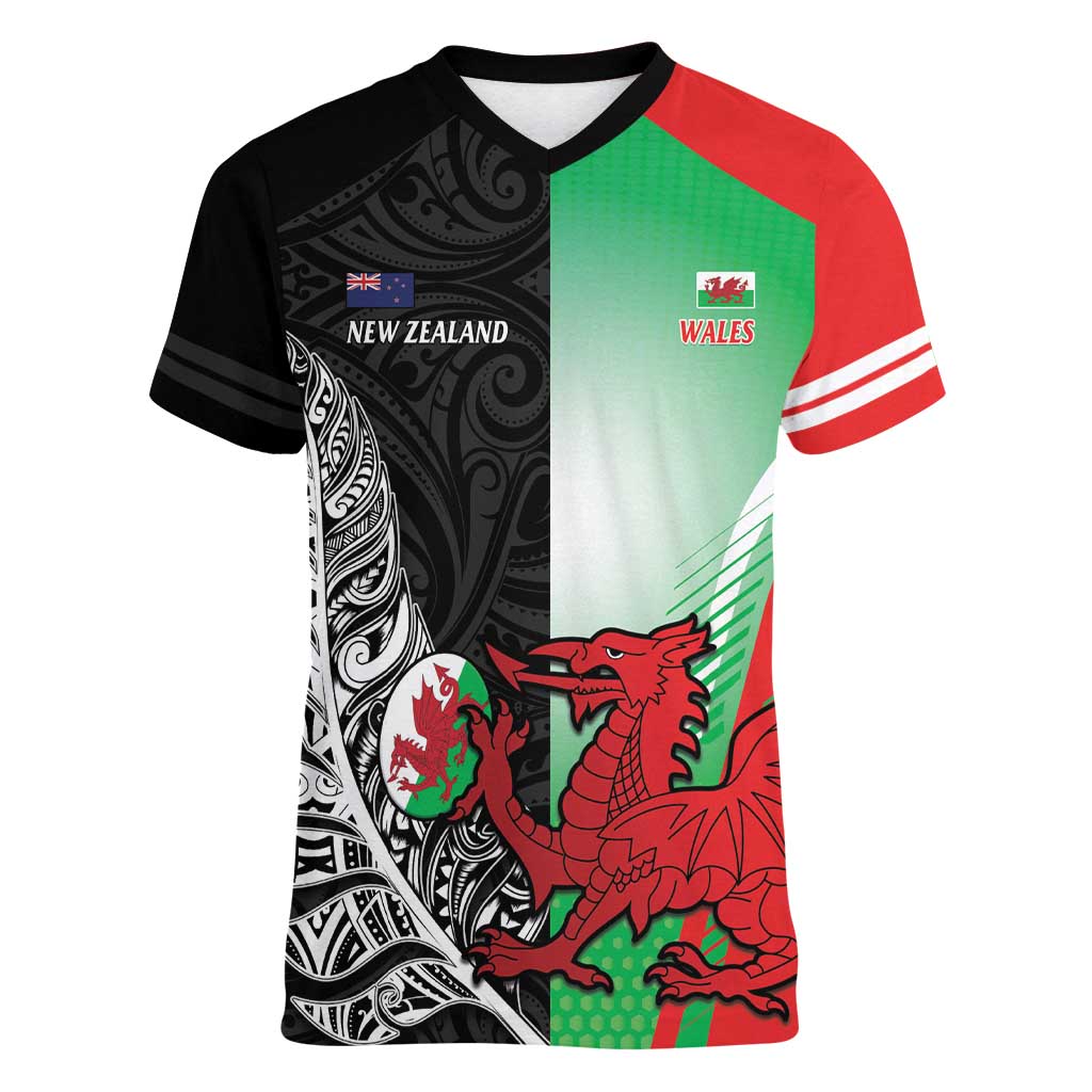 New Zealand and Wales Rugby Custom Women V-Neck T-Shirt Aotearoa All Black Combine Welsh Dragon - Aussie Hoodie