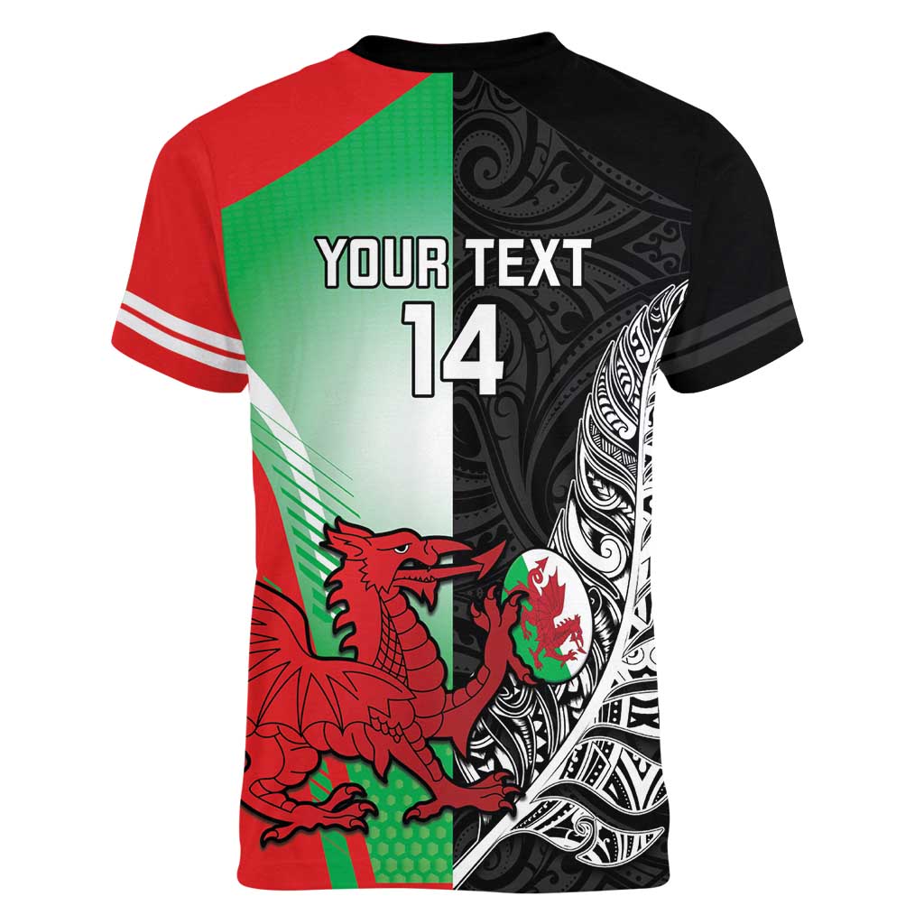 New Zealand and Wales Rugby Custom Women V-Neck T-Shirt Aotearoa All Black Combine Welsh Dragon - Aussie Hoodie