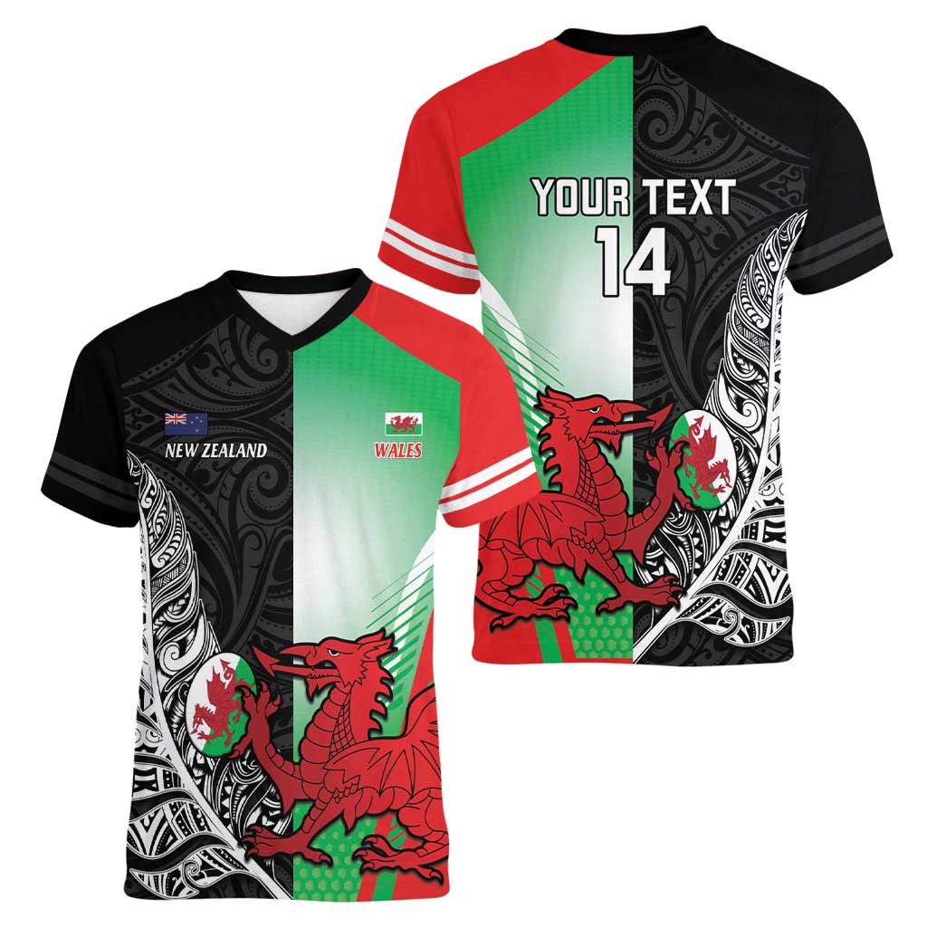 New Zealand and Wales Rugby Custom Women V-Neck T-Shirt Aotearoa All Black Combine Welsh Dragon - Aussie Hoodie